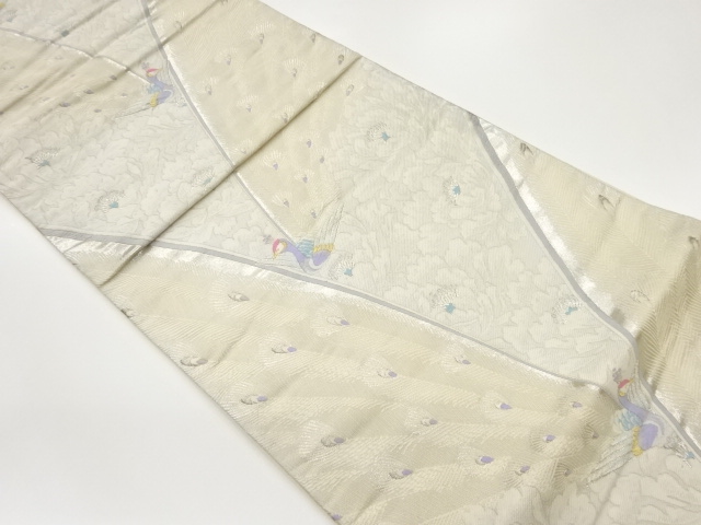 孔雀に牡丹模様織出し袋帯